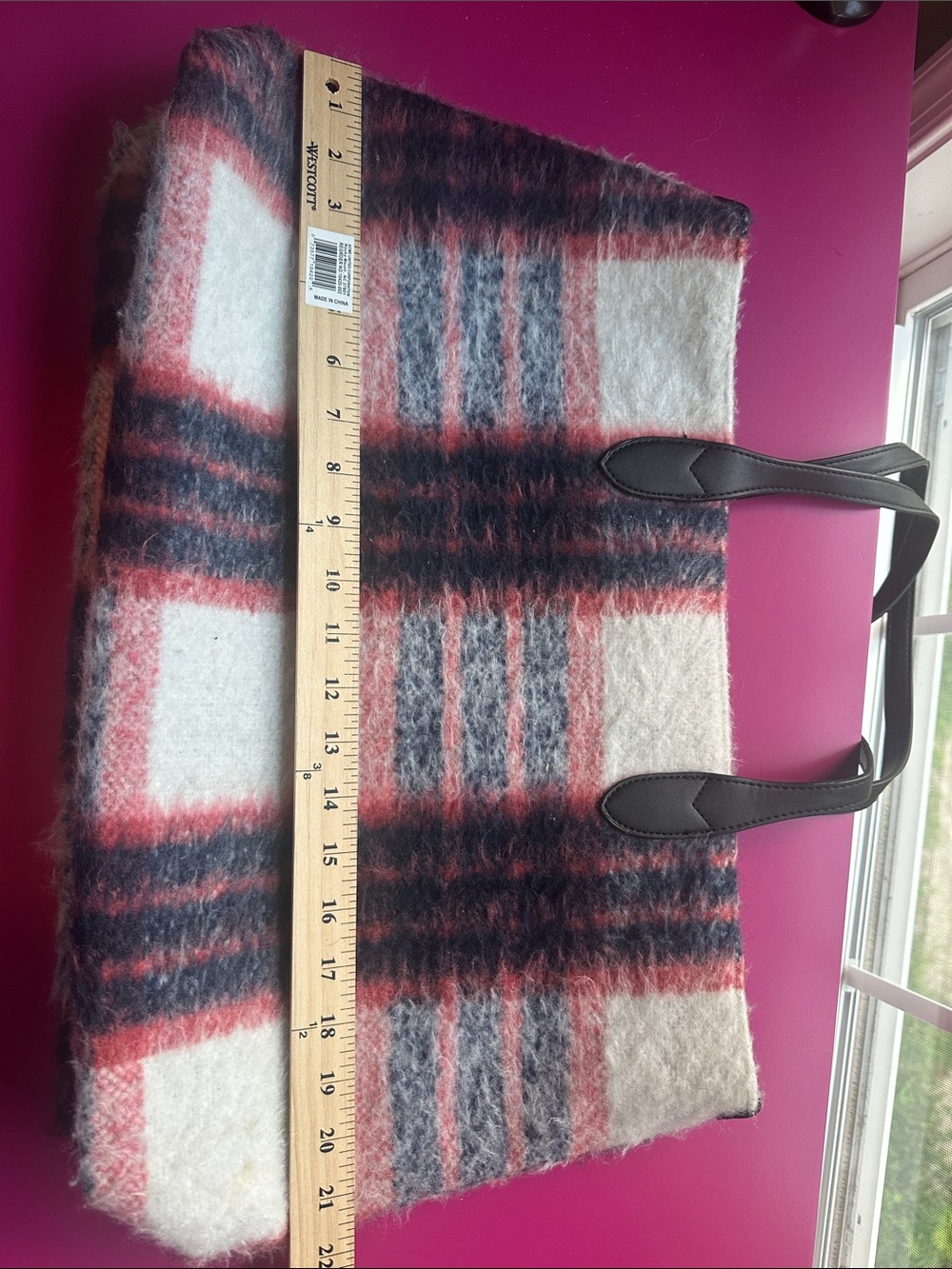 Urban Outfitters Plaid Wool Tote in Cream, Red & Gray with Black Handles